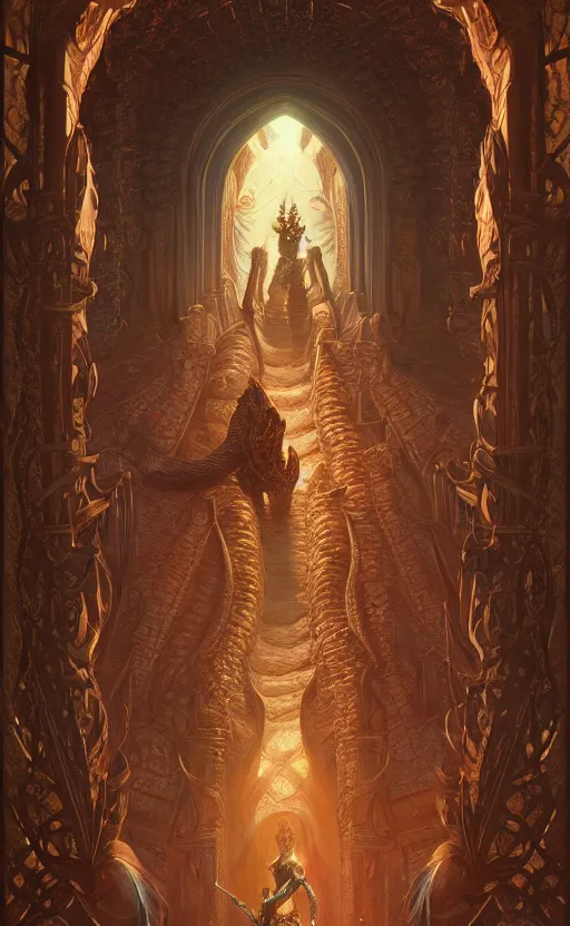 Image similar to crocodile godess in temple entrance, reptilian skin, d & d, fantasy, intricate, elegant, highly detailed, digital painting, artstation, concept art, matte, sharp focus, illustration, art by artgerm and greg rutkowski and alphonse mucha