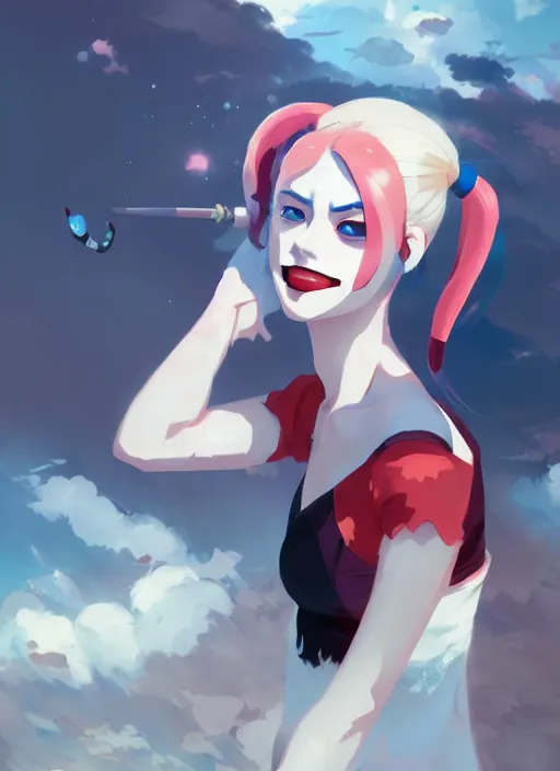 Image similar to portrait of harley quinn, cloudy sky background lush landscape illustration concept art anime key visual trending pixiv fanbox by wlop and greg rutkowski and makoto shinkai and studio ghibli