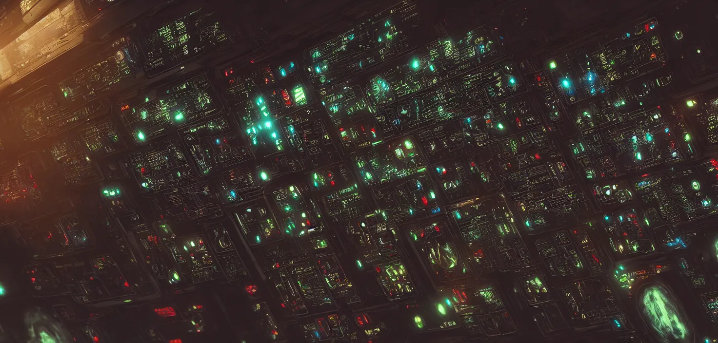 Image similar to city, ship control panel close - up, in a nightmarish universe of odd forms and somber tapestry, hr giger and vincent di fate, vivid color scheme, featured in artstation, octane render, cinematic, elegant, intricate, 8 k