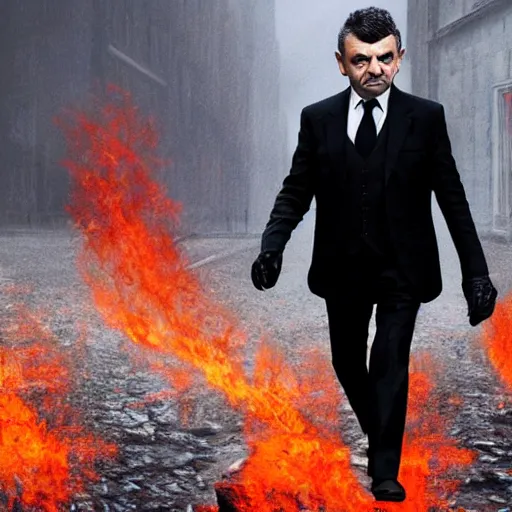 Prompt: Rowan Atkinson wearing a gothic black suit walking towards the frame, hellish landscape, inferno, digital art, trending on ArtStation