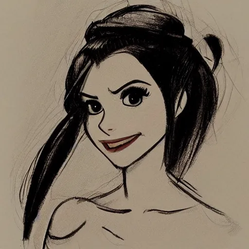 Image similar to milt kahl sketch of victoria justice with done up hair, tendrils covering face and ponytail as princess padme from star wars episode 3