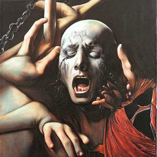 Image similar to metalhead singing dramatically, heavy metal, gothic, oil painging by caravaggio and alan lee