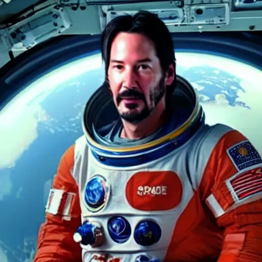 Prompt: keanu reeves in space lab wearing a space suit with no helmet, front face, highly detail. octane render