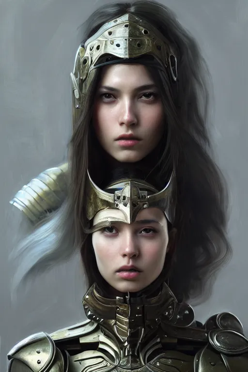 Image similar to a photorealistic painting of an attractive young girl, partially clothed in metal-plated battle armor, olive skin, long dark hair, beautiful bone structure, symmetrical face, perfect eyes, intricate, elegant, digital painting, concept art, illustration, sharp focus, minimal artifacts, from Metal Gear, in the style of Ruan Jia and Mandy Jurgens and Greg Rutkowski, trending on Artstation, award winning