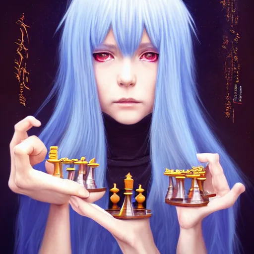 Image similar to rimuru tempest from tensura playing chess, perfect hands, with amber eyes of golden colored eyes, straight hair, sky blue hair, long bangs, high collar, concept art, award winning photography, digital painting, cinematic, wlop, 8 k, by ross tran, tom bagshaw, andy warhol