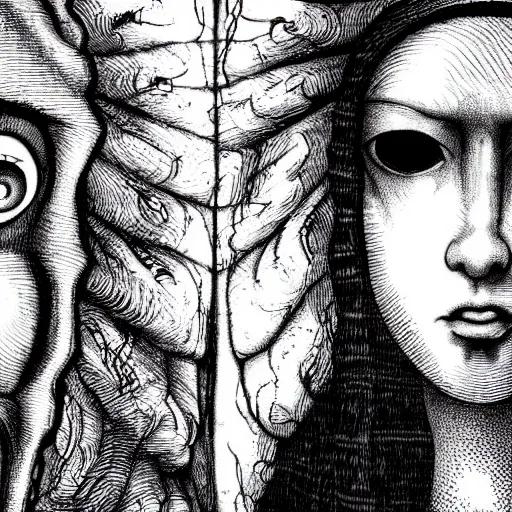 Prompt: the eyes of fear by Junji Ito and leonardo da vinci