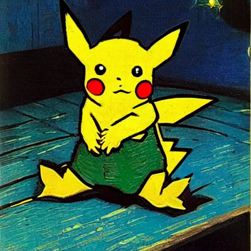 Prompt: van Gogh paintings pokemon card Pikachu glistening in oil, posing. McGinnis, pulp comic style, circa 1958, photorealism