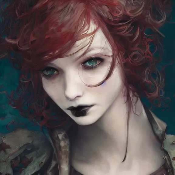 Image similar to christina hendricks!!! goth, tankoban, 4 k, tone mapping, akihiko yoshida, james jean andrei riabovitchev marc simonetti, yoshitaka amano, long hair, curly, h. hydrochaeri