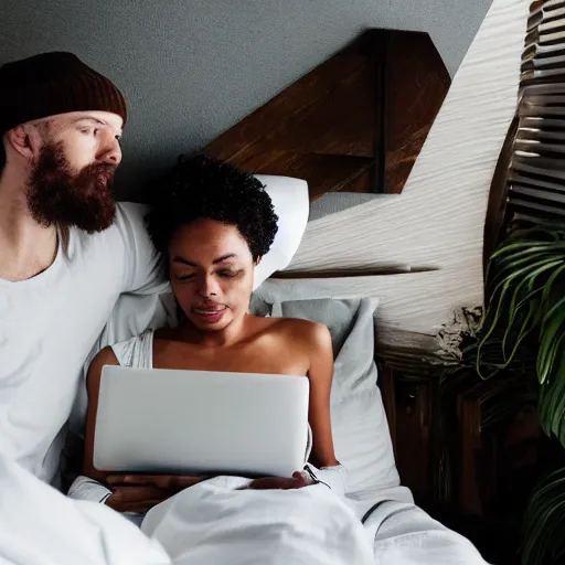 Image similar to man and woman in bed working on their laptops