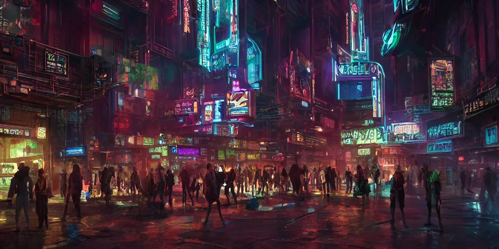 Image similar to Photorealistic cyberpunk theatre in crowded Charlottetown night. Hyperdetailed photorealism, UHD, amazing depth, glowing rich colors, golden ration, 3D octane cycle unreal engine 5, 3d shading, cinematic lighting, artstation concept art