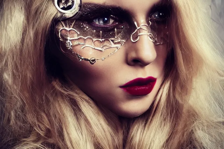 Prompt: fashion photograph of a cute girl with long blonde hair, hanging chain face jewelry and geometric floral face makeup, fantasy outfit, realistic