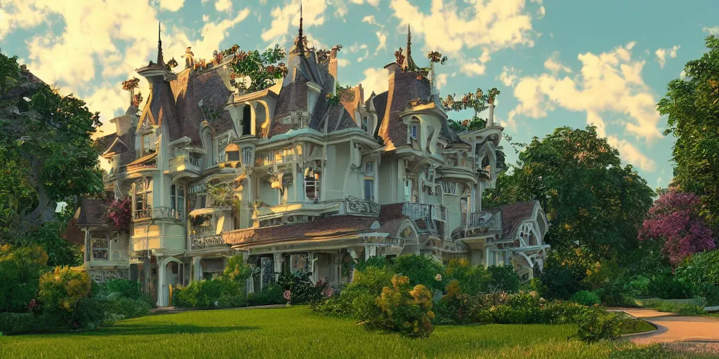 Image similar to art nouveau style mansion, summer clouds, dawn, flowerbeds, vines, god rays, realistic, filmic lighting, volumetric, featured on artstation,