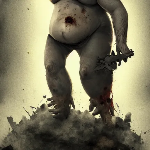 Image similar to angry extremely fat obese giant bloated zombie, full body portrait, with clothese, horror core, apocalyptic, feeling of grimdark, sharp focus, fiction, hyper detailed, digital art, trending in artstation, cinematic lighting, studio quality, smooth render, unreal engine 5 rendered, octane rendered, art style and nixeu and wlop and krenz cushart