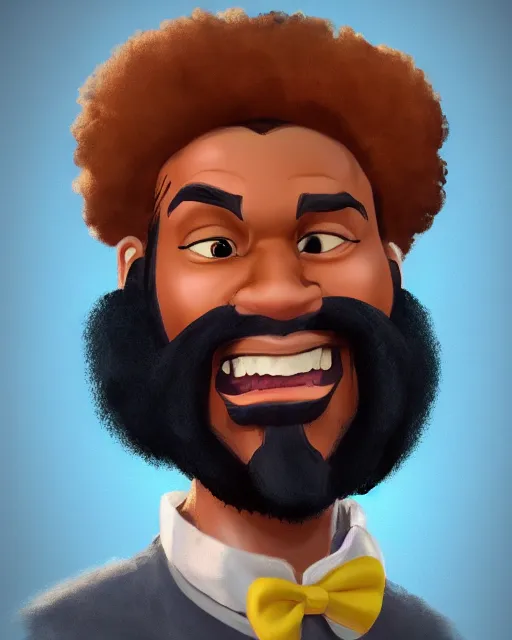 Prompt: classic disney portrait character art of african american man with a huge curly beard, art, cgsociety, artstation
