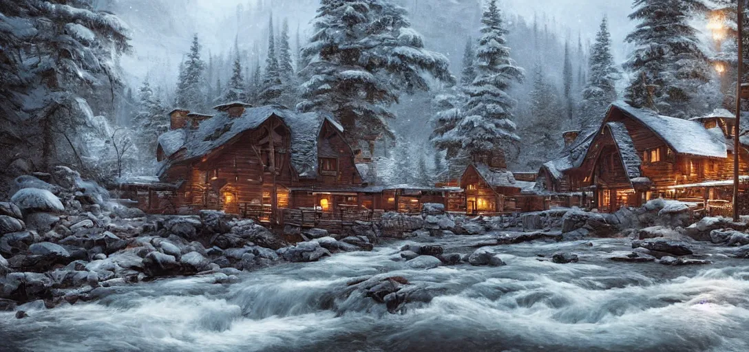 Image similar to cozy lodge beside a river stream in the canadian wilderness in winter, dramatic lighting, cinematic, establishing shot, extremely high detail, photo realistic, cinematic lighting, post processed, concept art, artstation, matte painting, style by eddie mendoza, raphael lacoste, alex ross