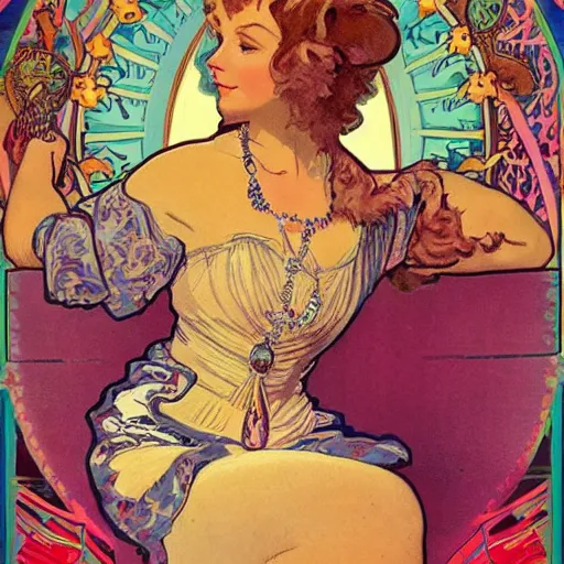 Image similar to a vintage poster with border of a Caucasian fortune teller lady with curly hair, a spread of tarot cards on a table, cats on her side, in a colorful tent, Alphonse Mucha poster ,