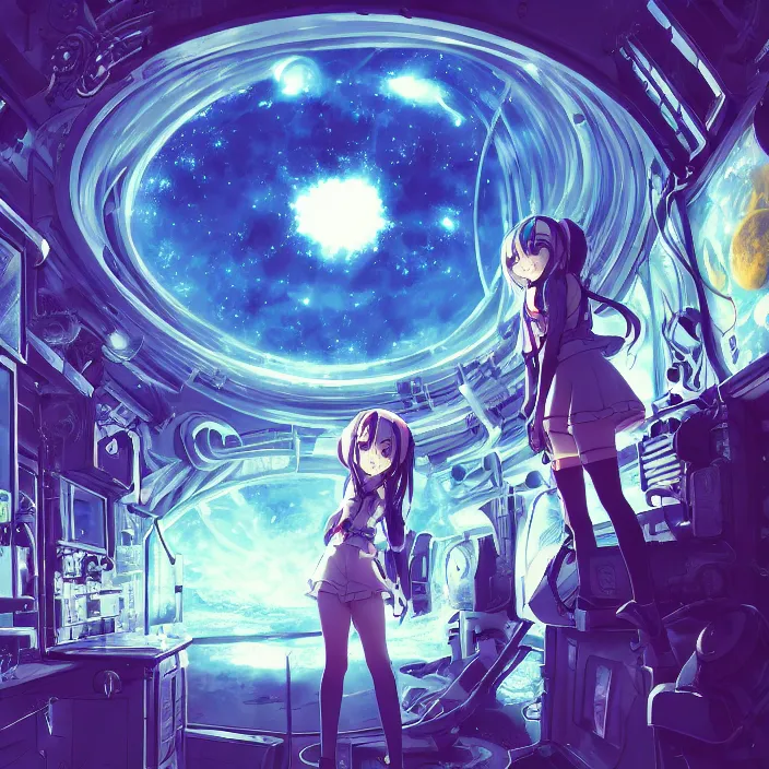 Image similar to Albedo from overlord, mamimi samejima, psychedelic background, epcot, inside a space station, eye of providence, female anime character, Lain, uwu, uwu, Luminism, Tomas Sanchez, Karla Knight, surrealism, Simon Stålenhag, M. C. Escher, Ruan Jia, uwu Hi-Fructose, Artstation, HD, HDR, High Resolution, technological rings, giygas