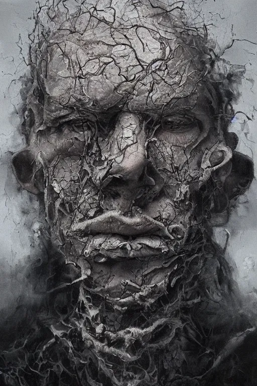 Image similar to Haunting horrifying detailed painting of a man made of cloudy smoke, hyper detailed, trending on Artstation