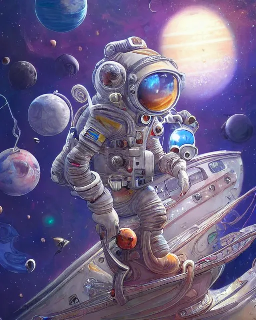 Image similar to wefie of caricature ethereal intricate cosmonaut lie relaxed on a crescent moon between the stars and the planets in outer space, cosmonaut post grunge concept art,high detail,4k, trending on artstation by Yoshitaka Amano, josan gonzalez and tyler edlin