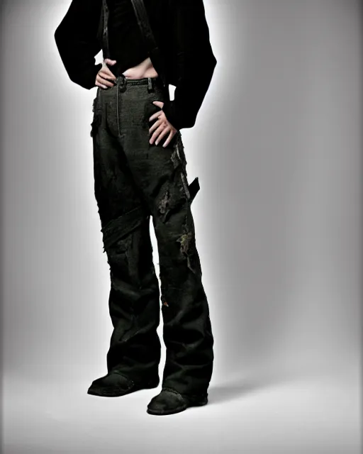 Prompt: an award - winning photo of an ancient male model wearing a plain boot cut flared distressed medieval designer menswear trousers designed by kapital, 4 k, studio lighting, wide angle lens, 2 0 0 4
