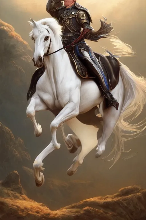 Image similar to donald trump on a majestic white horse, digital painting, artstation, concept art, smooth, sharp focus, illustration, in - frame, centered, art by artgerm and donato giancola and joseph christian leyendecker, ross tran, wlop