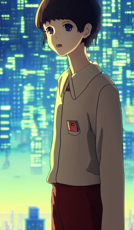 Image similar to anime fine details portrait of Eleven in front of cyberpunk moder city landscape on the background deep bokeh, close-up view, anime masterpiece by Studio Ghibli. 8k, sharp high quality anime, artstation