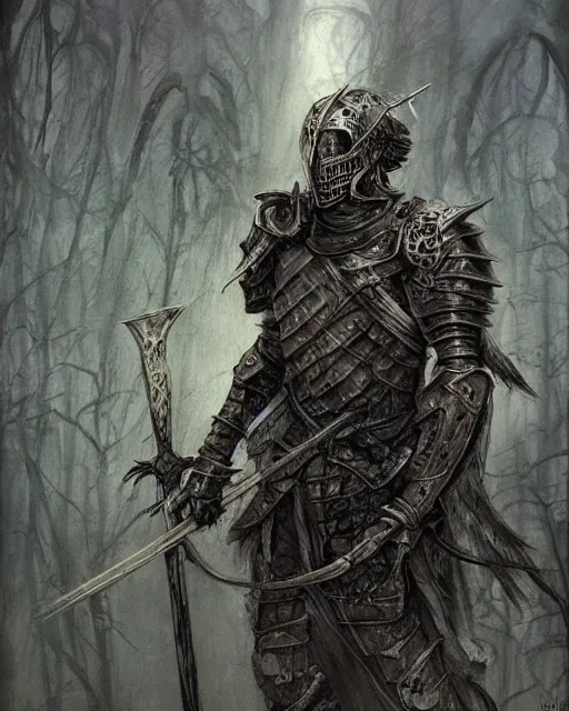 Image similar to a hyper realistic painting of a fantasy undead knight in old broken armor, pale colors, fog, dark fantasy, cinematic lighting, nighttime, by rebecca guay