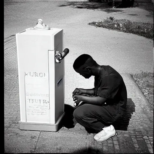 Image similar to “ a man drinking from a water fountain filled with urine. ”