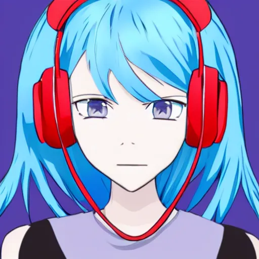 Image similar to Girl with blue hair and red eyes wearing headphones, anime style