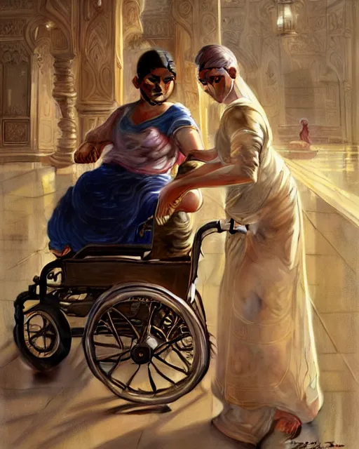 Image similar to Painting of a blonde lady pushing an obese indian lady in a wheelchair,real life skin, intricate, elegant, highly detailed, artstation, concept art, smooth, sharp focus, art by artgerm and greg rutkowski and alphonse mucha