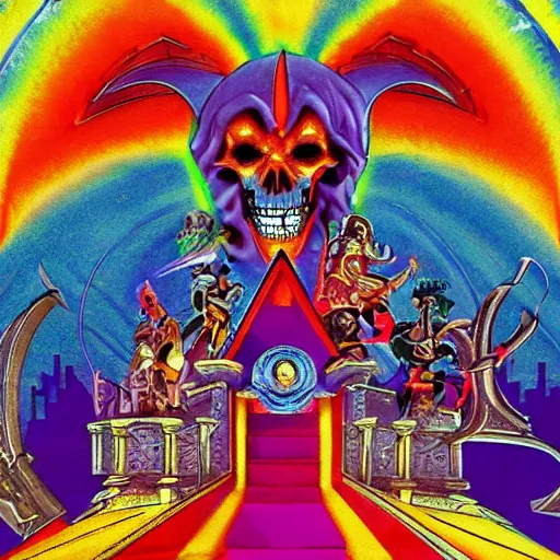 Prompt: masters of the universe, skeletor destroying sacred rainbow gates covered in illuminated Hebrew hieroglyphics