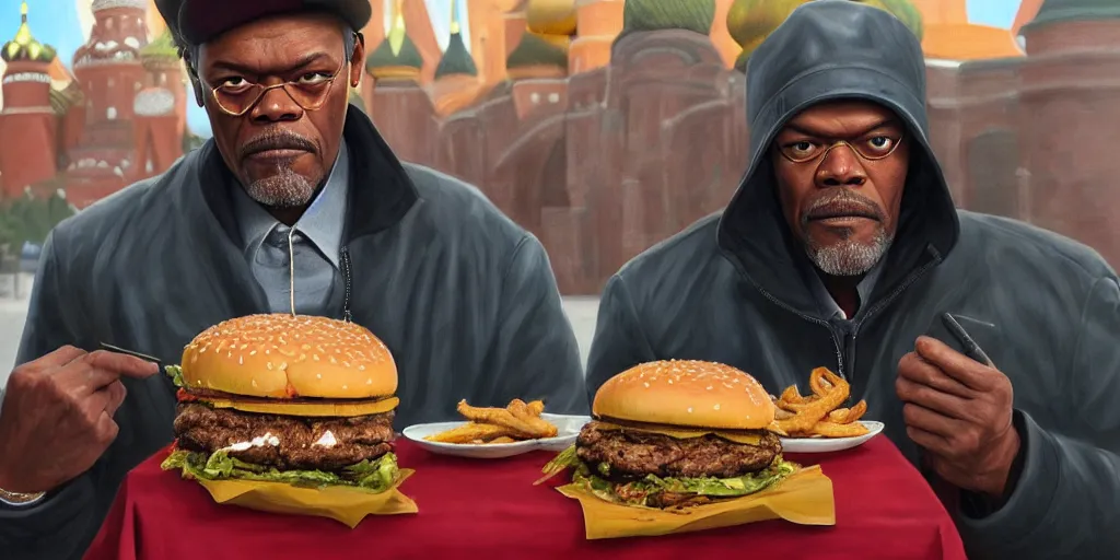 Image similar to highly detailed portrait painting of samuel l jackson eating burger sitting on square near moscow kremlin, balalaika, perfect symmetrical eyes, by eddie mendoza and tyler edlin, 8 k resolution