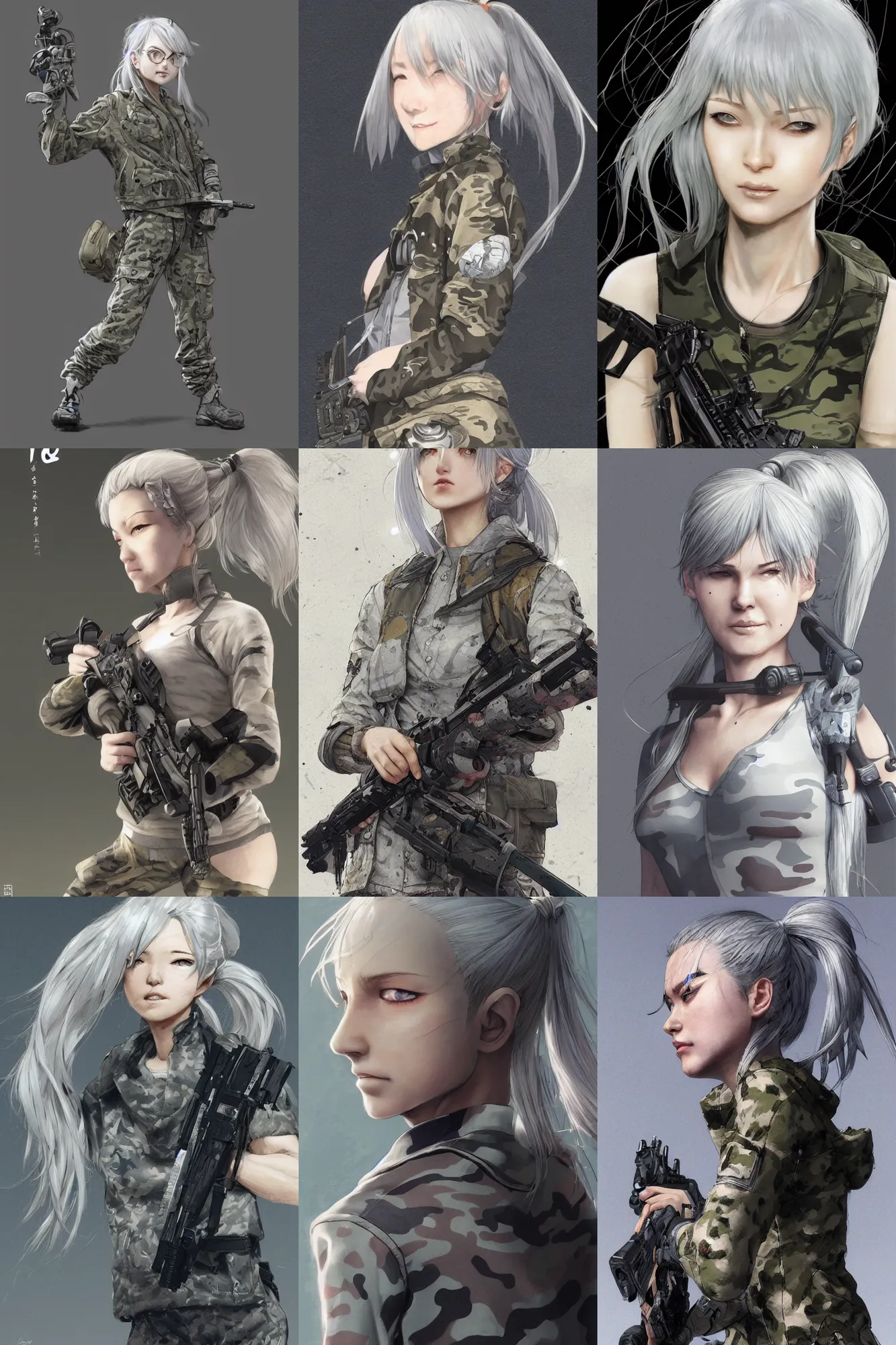 Prompt: girl, silver hair (ponytail), (((winking))), multicam (camo), (trending on artstation), (detailed), cinematic full body shot, ilustration by Takehiko Inoue (((and Yoann Lossel)))