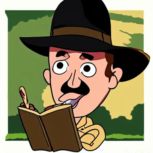 Image similar to indiana jones eating an ice cream, reading a book, cartoon style