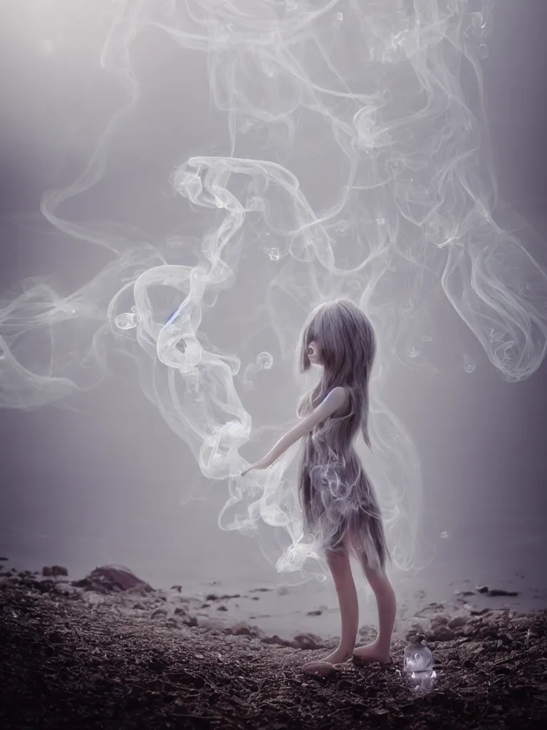 Image similar to cute fumo chibi plush beautiful ectoplasmic gothic skeletal jellyfish ghost girl, glowing milky wisps of hazy smoke and volumetric fog on a still reflective river, lens flare, subsurface scattering, vignette, asymmetry, bokeh, refraction, vray