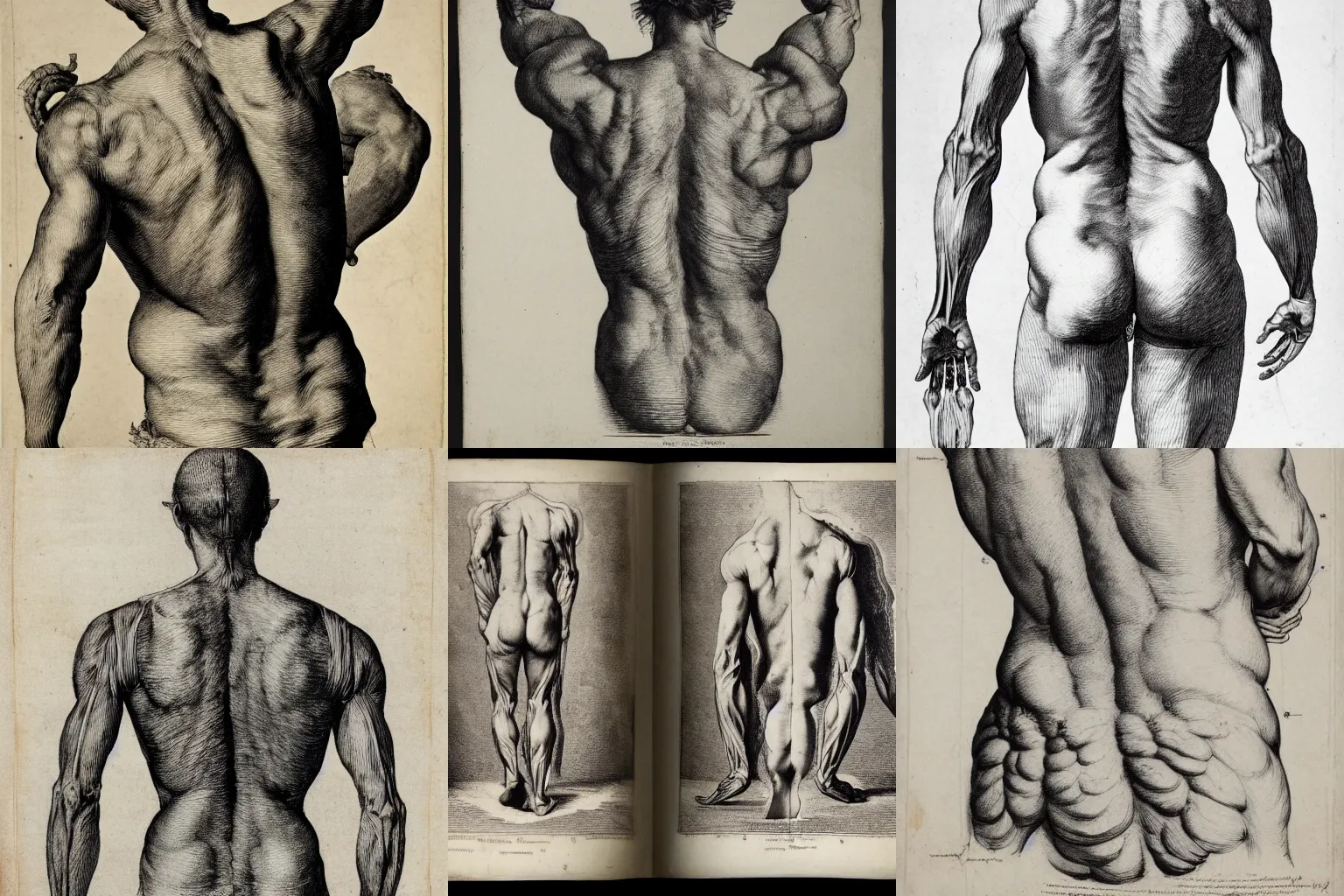Prompt: Vesalius musculature of the back, engraving