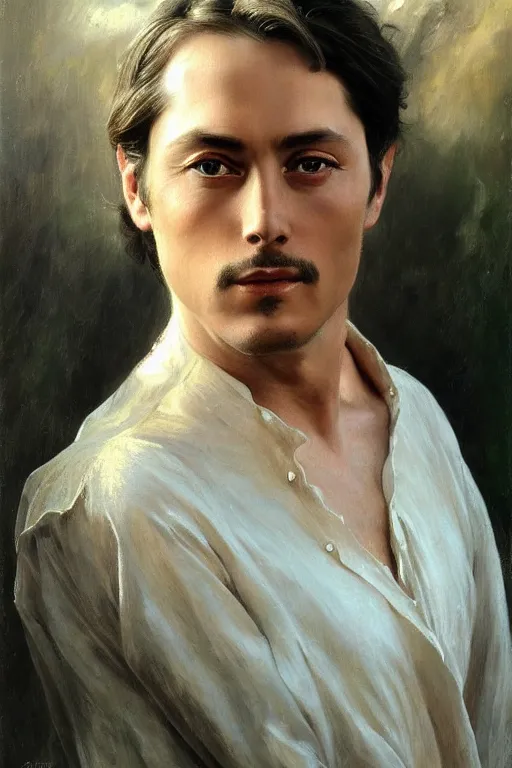 Image similar to portrait en buste alain delon by mark arian, by hughes merle, by pierre auguste cot, perfectly detailed eyes oil on canvas, masterpiece, realism,