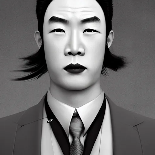 Prompt: japanese salaryman with extremely elegant headdress, beautiful, hand painted textures, cloth physics, deviantart, karol bak, masamune shirow, black and white, beautiful lighting, photorealistic, concept art, perfect render, 3 d render, pixar, 8 k