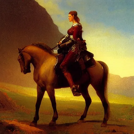 Image similar to female knight on horse, valley with mountains, by albert bierstadt