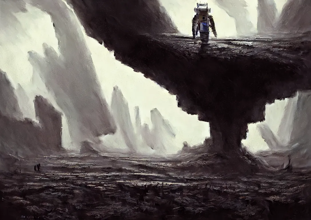 Prompt: astronaut exploring a strange surface of another planet while it's raining, mist and wind, there are ruins of ancient civilization, ultra high definition, ultra detailed, symmetry, sci - fi, dark fantasy, in style of heavy metal comic, dark and horror style, metal by greg rutkowski and ross tran