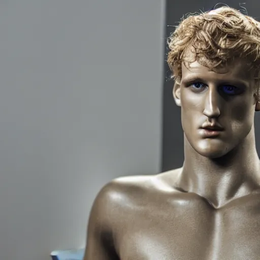 Image similar to a realistic detailed photo of a guy who is an attractive humanoid who is half robot and half humanoid, who is a male android, boxer and youtuber logan paul, shiny skin, posing like a statue, blank stare, at the museum, on display