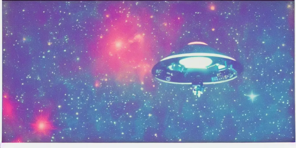 Image similar to polaroid photo of an ufo in a colourful galaxy, twinkling stars, cyan blue pink and red color bleed, slight lens glare