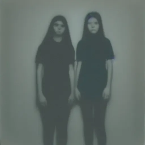 Prompt: monochromatic polaroid photo of two teens in an empty room, extremely blurry, ghostly haze