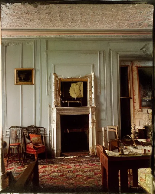 Prompt: the interior of an old house in devonshire that is probably haunted, delicate embellishments, painterly, offset printing technique, photographed on kodachrome by brom, robert henri, walter popp