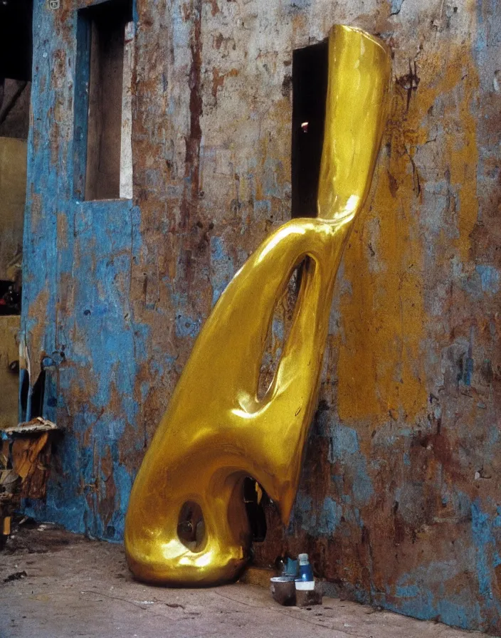 Prompt: vintage color photo of a liquid gold sculpture in a south american alley, image by werner herzog