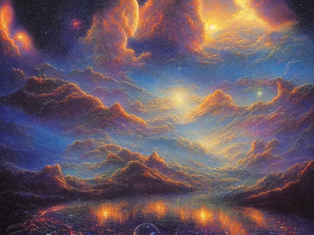 Prompt: a beautiful magical landscape full of ethereal sparkling glowing lights with a beautiful galaxy sky, soft lighting, ultra high detail, oil on canvas, HD, by Gilbert Williams, by Jeffrey Smith, By John Howe, By Michael Whelan