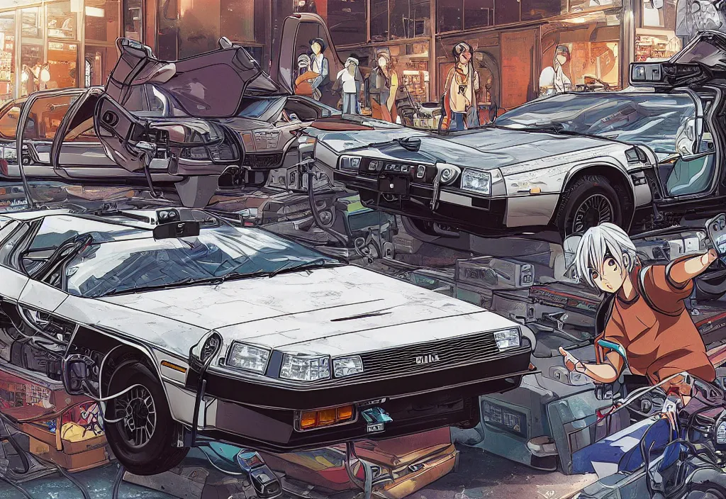 Prompt: An anime art of two delorean, digital art, 8k resolution, anime style, high detail, lowrider style, wide angle