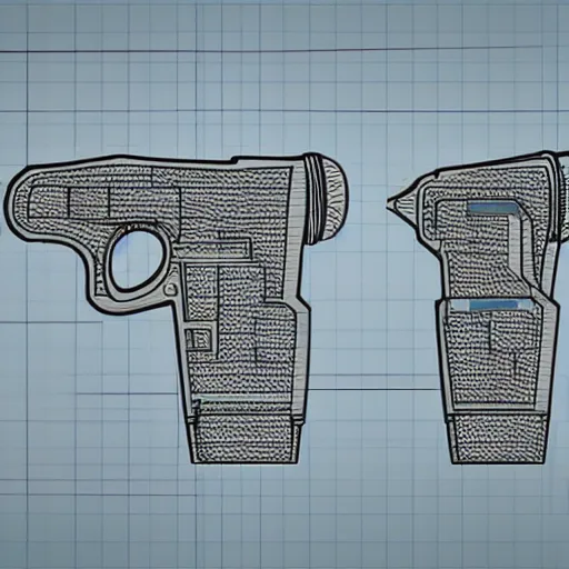 Image similar to legible technical blueprints for a functional handheld shrink - ray gun