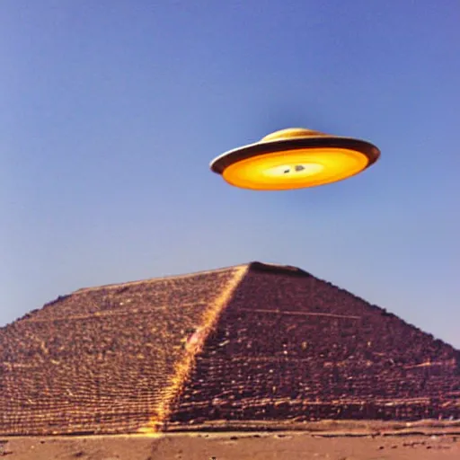 Image similar to flying saucer exiting top of pyramid