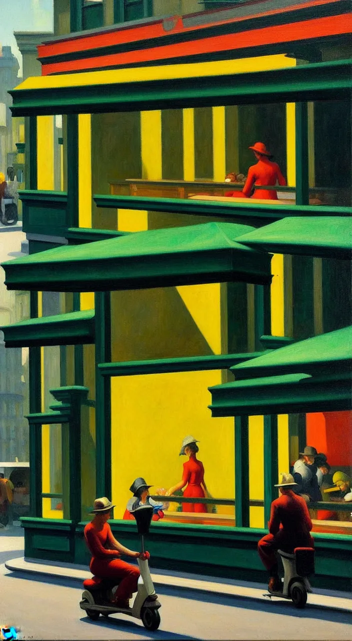 Prompt: oil on canvas, painting from edward hopper, in the style of nighthawks, lime scooters on the street, wearing ffp 2!!!